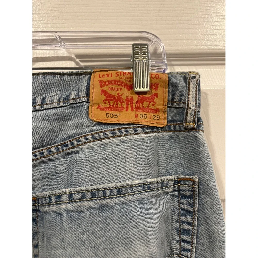 Levis 505 Regular Fit Straight Leg Distressed Jeans Light Wash Mens 36x29